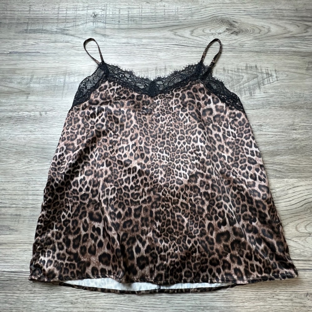 Tezenis Camisole Womens L Brown Leopard Print Lace Trim Satin Feel‎ Cami Top